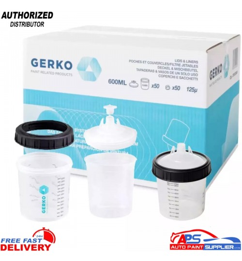 Gerko 600ml Paint Cup System 50 Lids & Liners, 1x Outer 125PPU PPS Mixing Kit